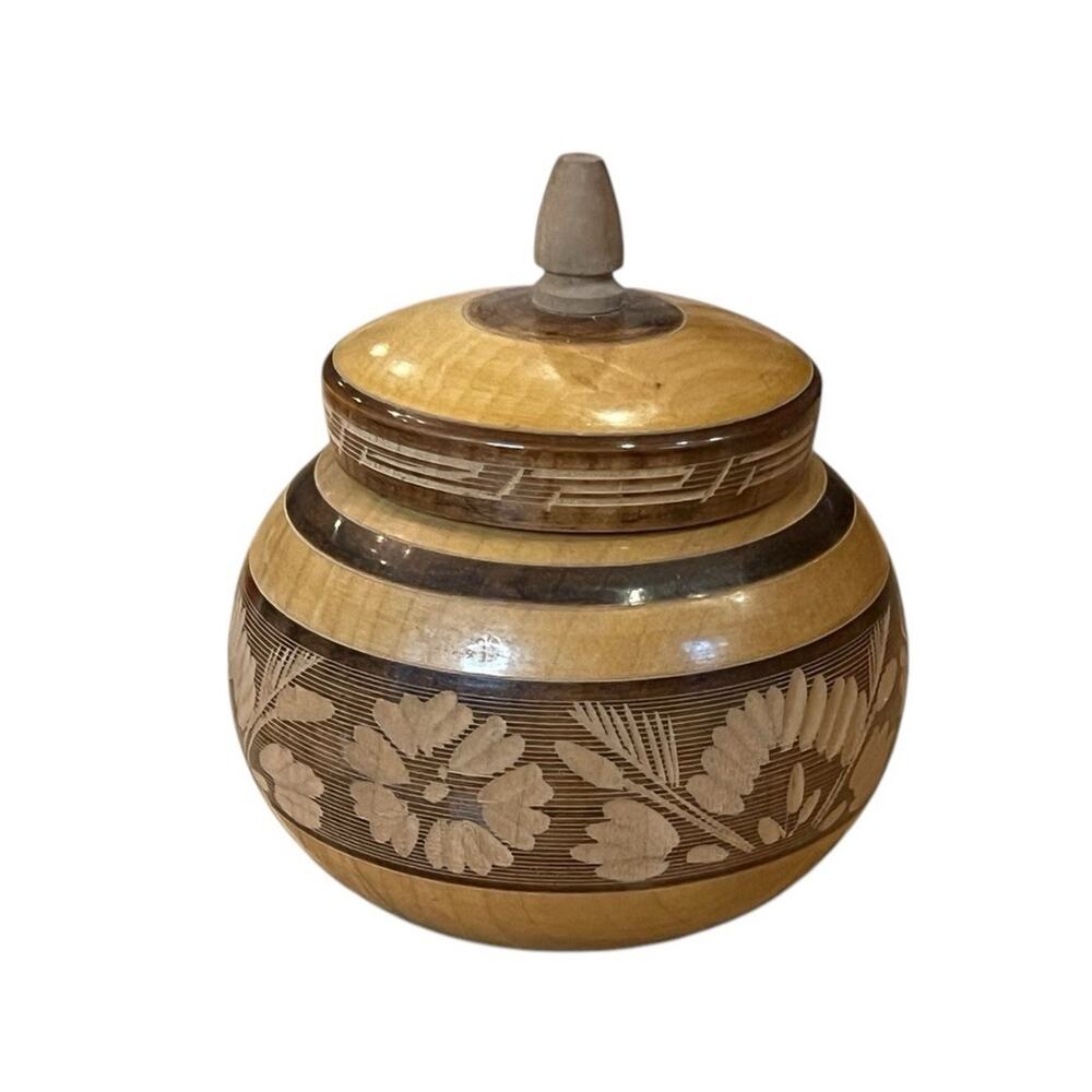 Vintage 1996 Hand Carved flowers Trinket Box Wooden Mexico Signed 4.5” Tall Tan